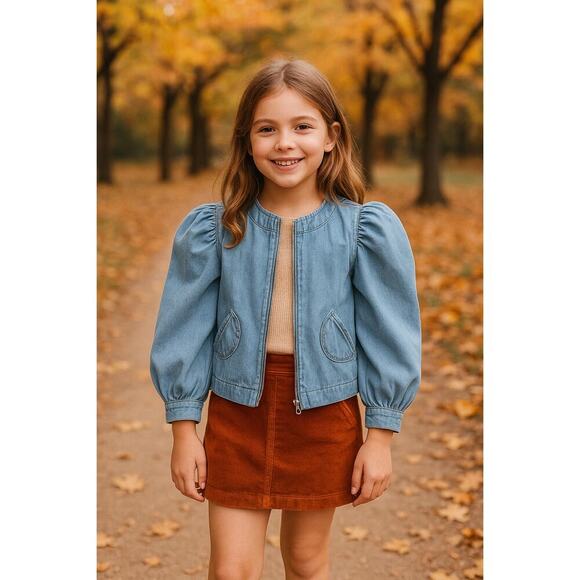 Nikolia Kids Puff Sleeve Denim Bomber Jacket Light Blue Cotton Zip - 9-10 Years - Picture 1 of 11